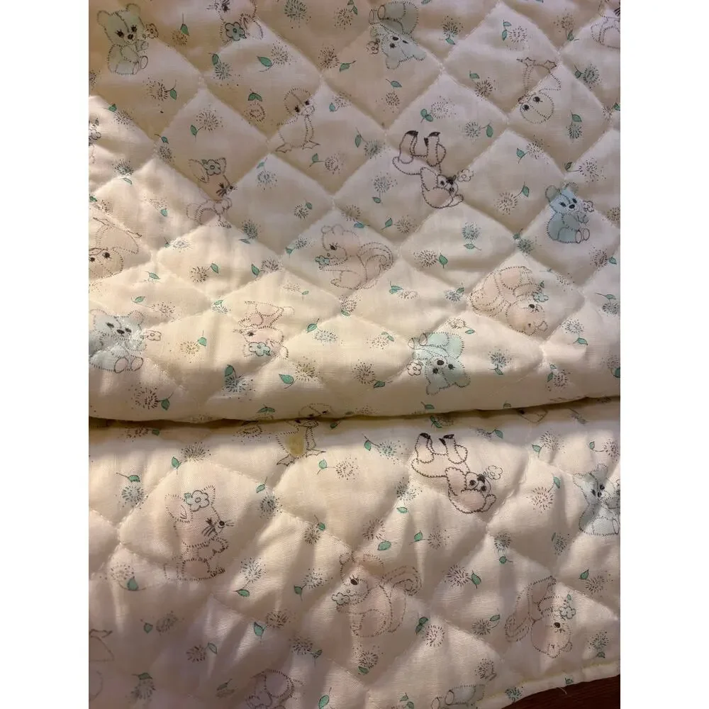 Vintage Handmade Quilted Baby Blanket Pastel Yellow Teddy Bear Poodle Flowers